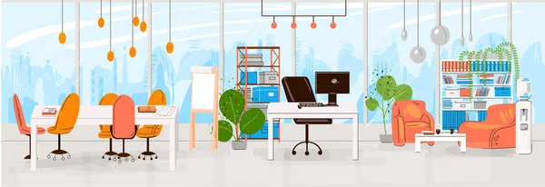 Vector Flat Collection of Creative Workplace with Modern Open Space and Empty Office Interior - Business and Contemporary Co-Working Illustraton. composición horizontal plana . — Archivo Imágenes Vectoriales