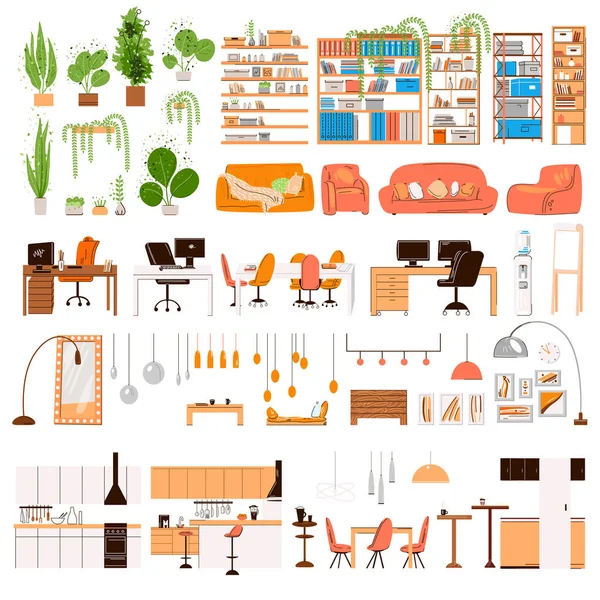 Colección plana vectorial de muebles de diseño de interiores. Diseñador de moda muebles-Mesa Silla Sofá Lámpara Espejo plantas, muebles detalles de la zona de oficina del hogar, gabinete, elementos de cocina — Vector de stock