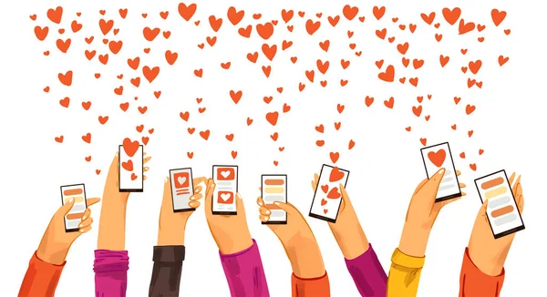 사람들은 스마트폰 데이트 앱을 개발하고, 사랑 과 로맨틱 한 행사나 데이트를 찾고, 사랑 과같은 신호를 보내기도 했습니다. 데이트 앱, 온라인 채팅 및 대화, 사랑의 개념찾기 — 스톡 벡터