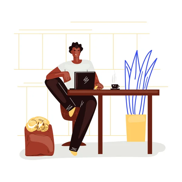 Trabajar hombre independiente en cómoda oficina acogedora en la cocina vector ilustración plana. Freelancer hombre personaje trabajando desde casa a un ritmo relajado, concepto de trabajo por cuenta propia — Vector de stock