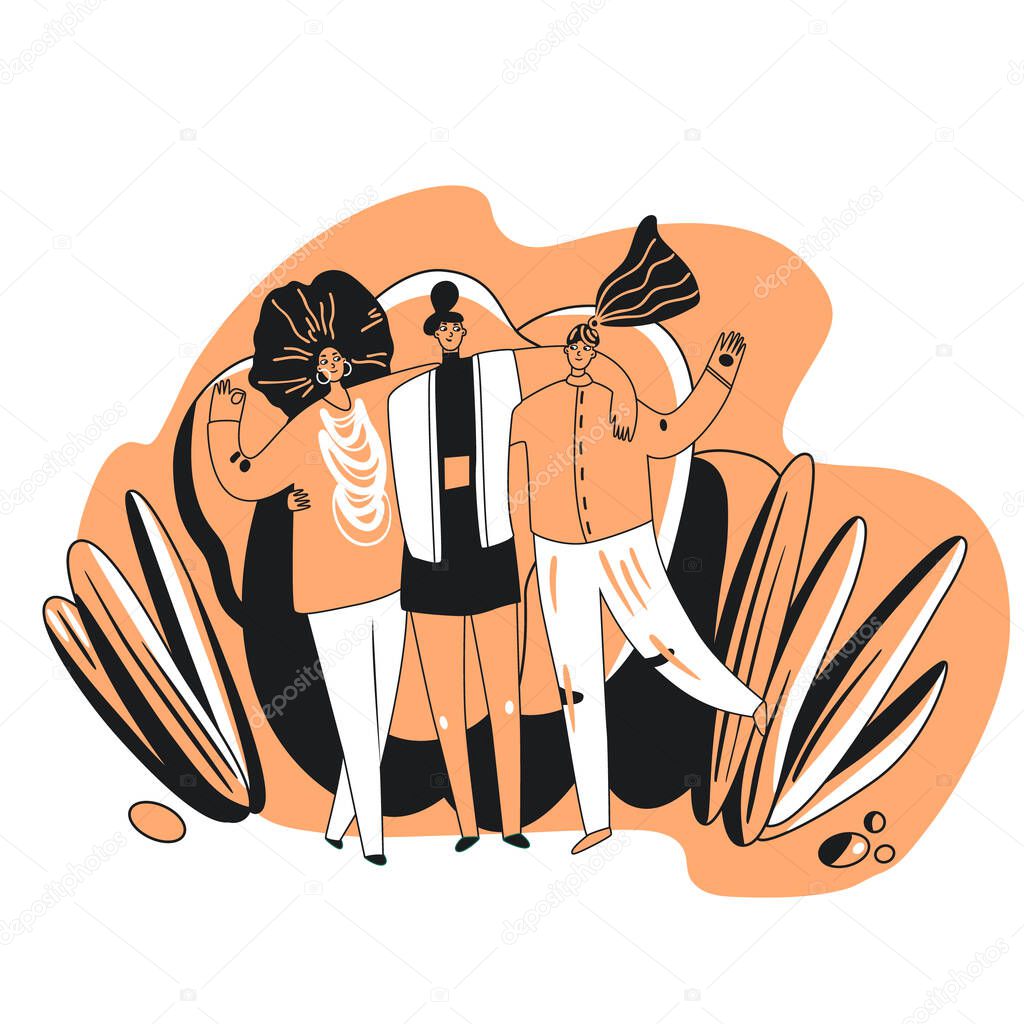 Happy friends and sisterhood vector cartoon illustration. Happy woman holding hands, hugging each other in friendly and positive mood. Sisterhood feminist concept