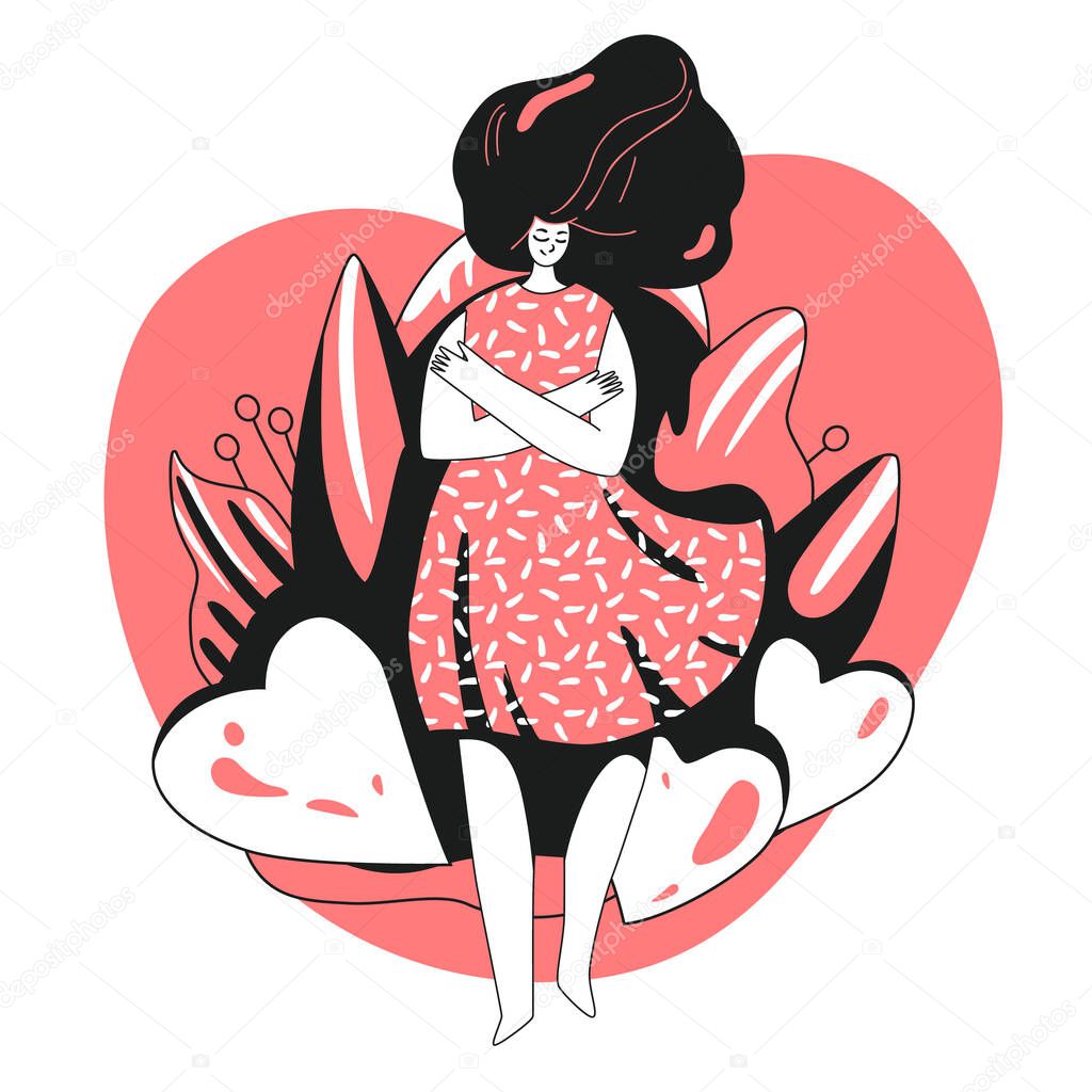 Vector Love yourself and take care of yourself concept. Girl, hugging herself with big love heart. Girl Healthcare Skincare illustration about Take time for your self.