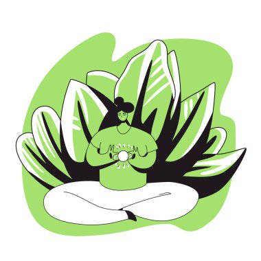 Güneşi kalbinde tutan meditasyon yapan bir kızın vektör çizgi filmi düz çizimi. Pozitif ruh hali, meditasyon, evde stres atma. Meditasyon