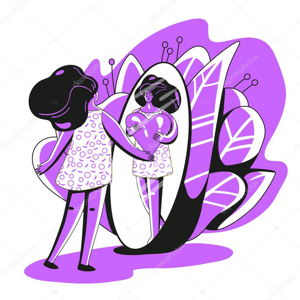 Vector Love yourself and take care of yourself concept. Girl, looking in mirror and hugging big love heart. Girl Healthcare Skincare illustration about Take time for your self