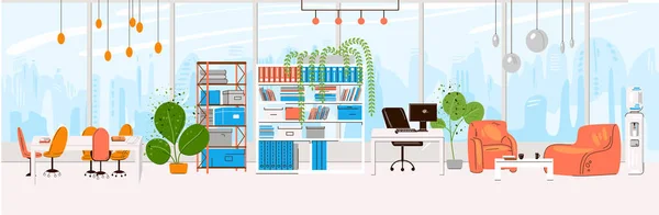Vector Flat Collection of Creative Workplace with Modern Open Space and Empty Office Interior - Business and Contemporary Co-Working Illustraton. composición horizontal plana . — Vector de stock