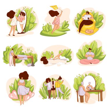 Bir grup kız, kendine dikkat eden bir kadın. Spa salonu, masaj, tek başına kitap okumak, mutluluk ve kendini resimleme, meditasyon ve banyo. Kişisel aşk kavramı