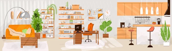 Conjunto plano vectorial de interiores de vivienda y trabajo: interior de la sala de estar, cocina, lugar de trabajo de oficina, sofá cómodo, escritorio, ventana, silla y plantas de casa. Colección de muebles planos vectoriales — Vector de stock