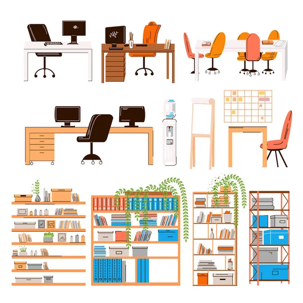 Colección plana vectorial de oficinas y lugares de trabajo en el hogar, estaciones de trabajo - conjunto de muebles para el equipo - escritorio con monitor, mesa, silla, agua de oficina, asiento del gerente, mesa de conferencias, estantes con plantas — Vector de stock