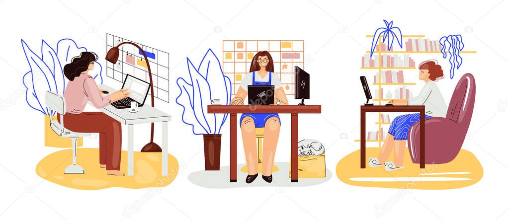 Freelance people work in comfortable cozy place set vector flat illustration. Freelancer multiracial character working from home at relaxed pace. Man and woman self employed concept