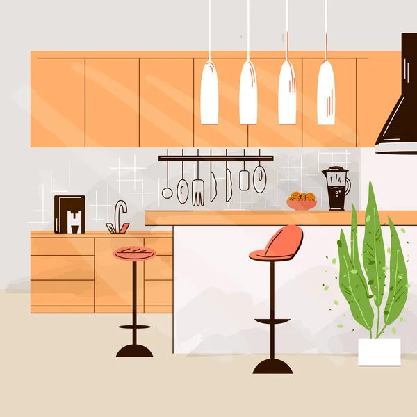 Ilustración plana vectorial del interior de la cocina moderna vacía No People House Room con muebles de cocina, mesa, sillas y mesa de cocina. — Vector de stock