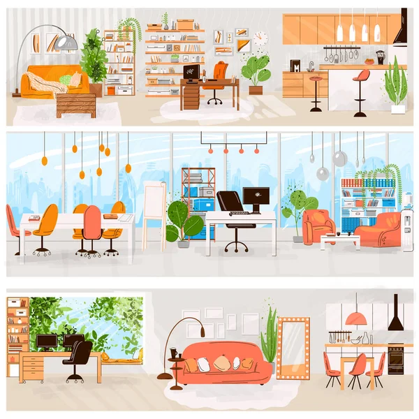 Conjunto plano vectorial del interior del hogar y la oficina: interior de la sala de estar, cocina, lugar de trabajo de la oficina, sofá cómodo, TV, ventana, silla y plantas de la casa. Colección de muebles planos vectoriales — Archivo Imágenes Vectoriales