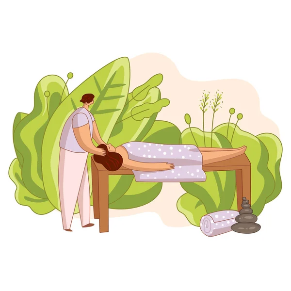 Man gör huvud massage och spabehandlingar för kvinna i mysig atmosfär med gröna blad, orientaliska stenar. Avkopplande, själv-kärlek koncept, platt handritad vektor illustration — Stock vektor