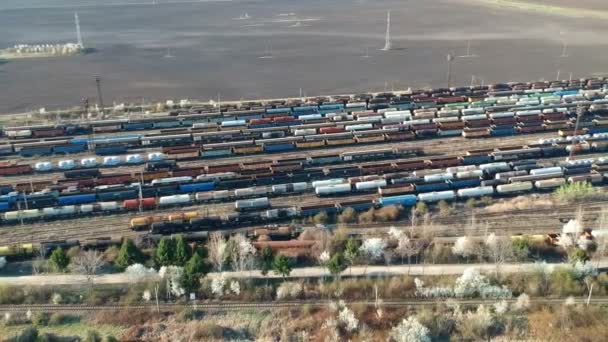 Antenowe Drone Strzał Latanie Wzdłuż Wielu Kolorowych Wagonów Towarowych Zbiorniki — Wideo stockowe