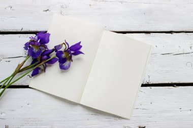 Beyaz ahşap arka planda mor süsen çiçekleri