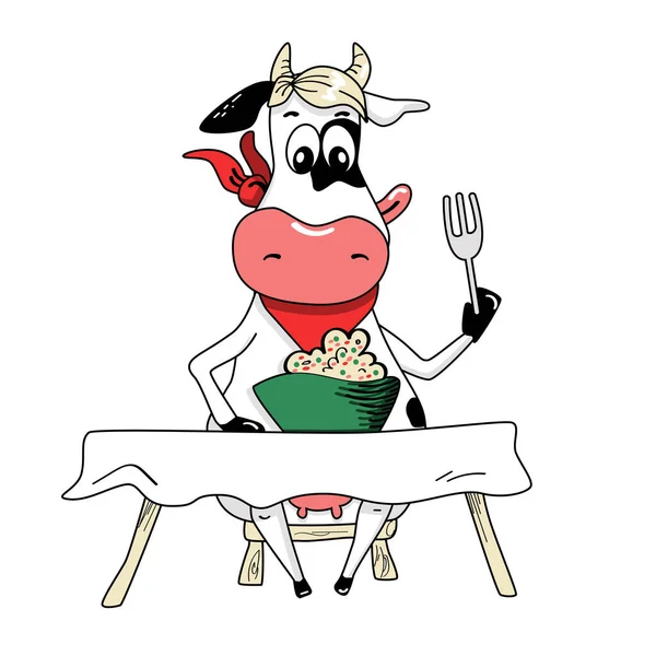 Lindo personaje de dibujos animados vaca comer. 2021 Año Zodíaco Lunar Animal. Año Nuevo Chino de Buey. Ilustración del vector de vaca — Archivo Imágenes Vectoriales