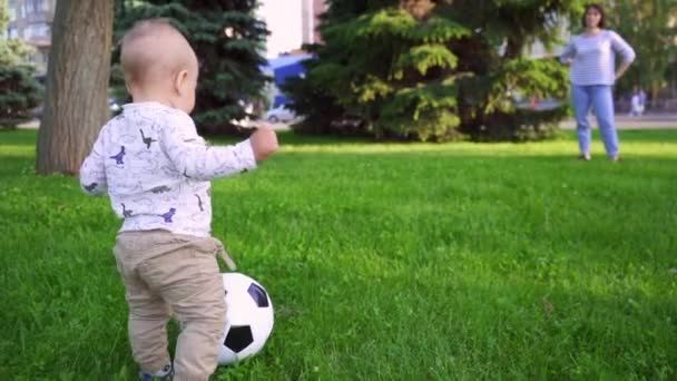 Cute Little Kid Gra Piłką Nożną Parku Zwolniony Ruch — Wideo stockowe
