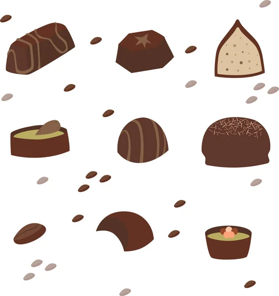 Set of chocolate candies with filling. — Stock Vector