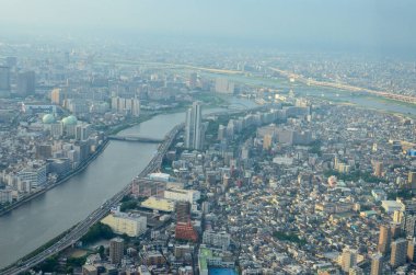 Uçuşun yüksekliğinden. Şehir içinde köprüleri olan nehir.