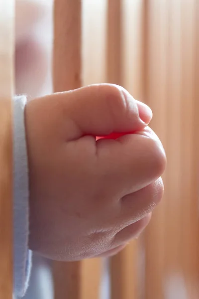 Baby Hand Wooden Crib Bars — Stock Photo, Image