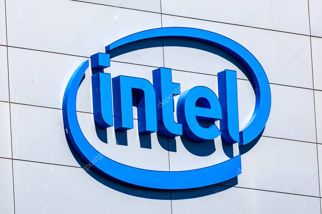 Intel sign and logo at Silicon Valley campus. Intel Corporation is an American multinational corporation and technology company - San Jose, CA, USA - October 2019