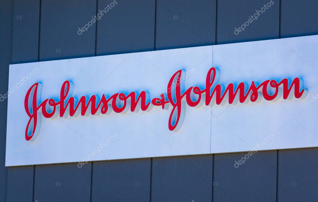 Johnson and Johnson sign at multinational corporation office in Silicon Valley. J and J is headquartered in New Brunswick, New Jersey - Milpitas, CA, USA - October 2019