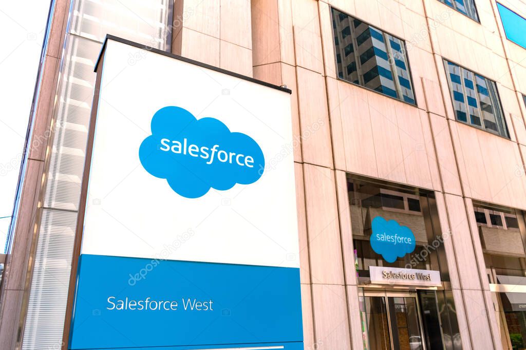 Salesforce logo facade of software company headquarters office building - San Francisco, California, USA - 2019