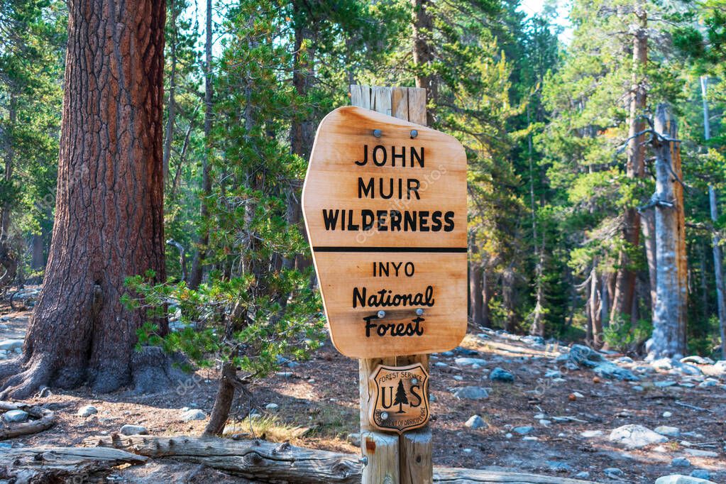 John Muir Wilderness, Inyo National Forest sign on the wooden post set by the United States Forest Service - California, USA - 2020
