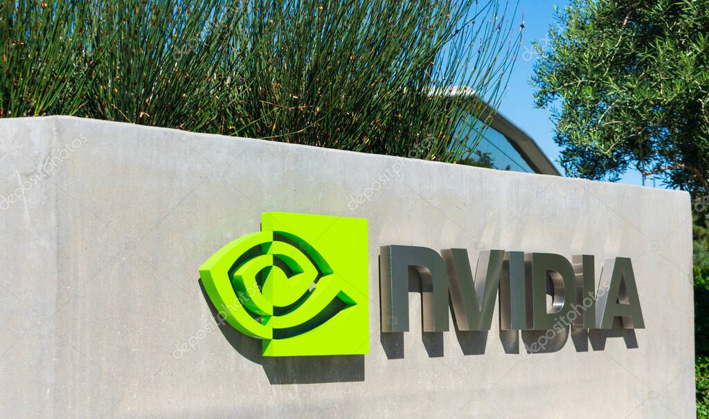Nvidia logo and sign at company headquarters in Silicon Valley, high-tech hub of San Francisco Bay Area - Santa Clara, CA, USA - October 2019