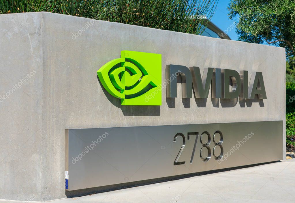 Nvidia logo and sign at company headquarters in Silicon Valley, high-tech hub of San Francisco Bay Area - Santa Clara, CA, USA - October 2019