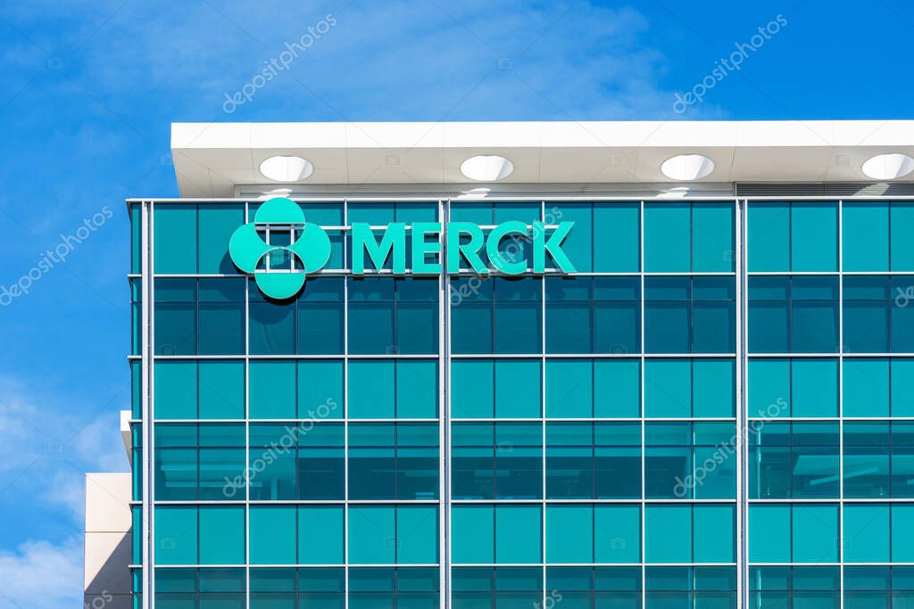 Merck sign atop Merck Research Laboratories campus in Silicon Valley. Merck Co., Inc. is an American multinational pharmaceutical company - South San Francisco, CA, USA - 2020