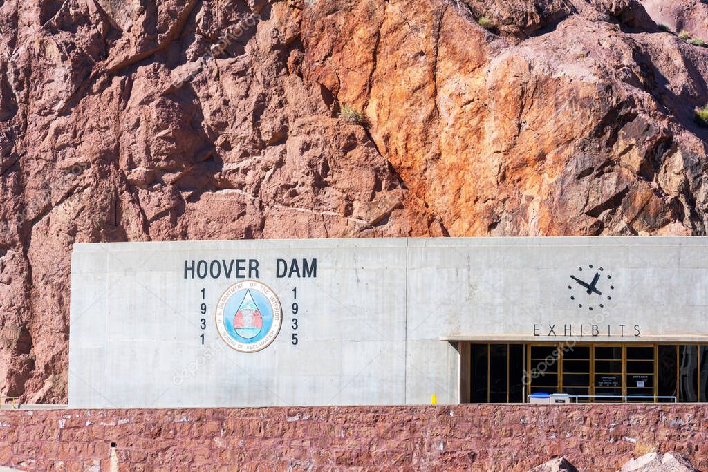Hoover Dam Old Exhibit Building against the wall of Black Canyon - Las Vegas, Nevada, USA - 2020