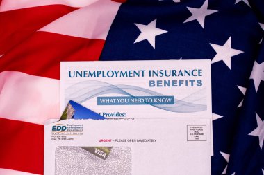 Unemployment insurance benefits booklet. Prepaid VISA Debit card from State of California Employment Development Department EDD - San Jose, California, USA - 2020 clipart