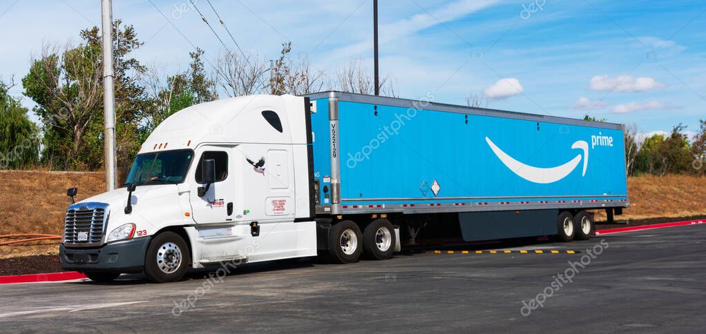 Amazon Prime delivery truck at Amazon Fulfillment Center - Newark, California, USA - 2020