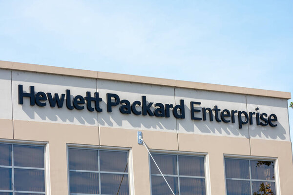 Hewlett Packard Enterprise HPE company name atop campus building in Silicon Valley - San Jose, California, USA - 2020