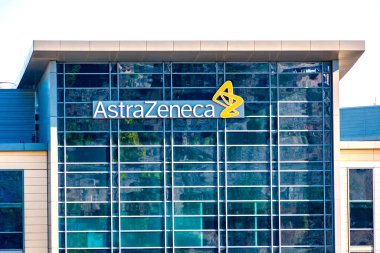 AstraZeneca sign and logo on British-Swedish multinational pharmaceutical and biopharmaceutical company campus - South San Francisco, California, USA - 2020 clipart