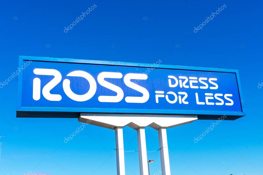 Ross Dress for Less sign advertises nearby discount department store. Blue sky background. - San Mateo, California, USA - 2020