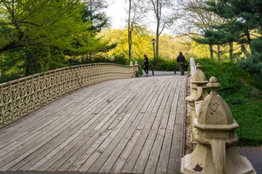 Central Park, New York 'ta demiryolu işlenmiş boş tahta kaldırım köprüsü..
