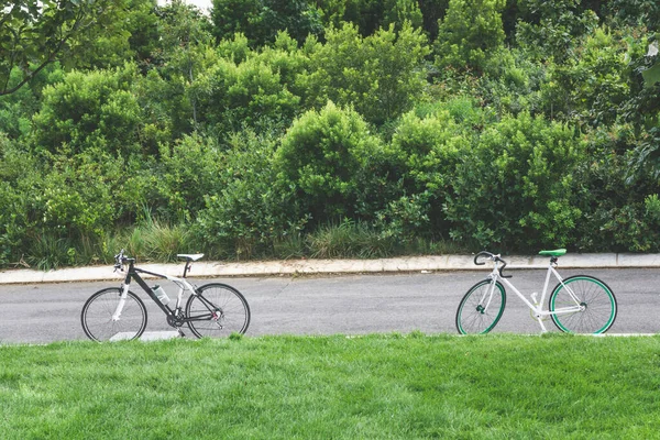 Dos Modernas Bicicletas Carretera Estacionadas Césped Junto Carretera — Foto de Stock