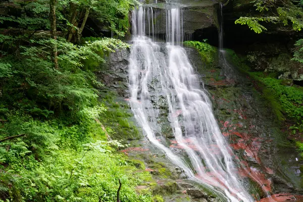 Лесной Водопад Красные Скалы Покрытые Мхом Лесу — стоковое фото