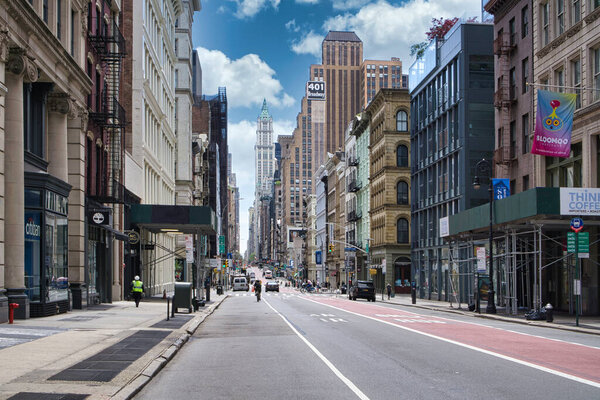 New York City street road in Manhattan at summer time. Urban big city life concept background
