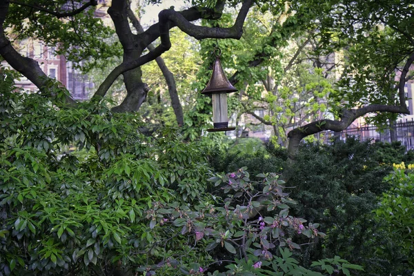 ニューヨーク西部の村で発見された銅仕上げと異なる植物や鳥のフィーダーを持つ庭 — ストック写真