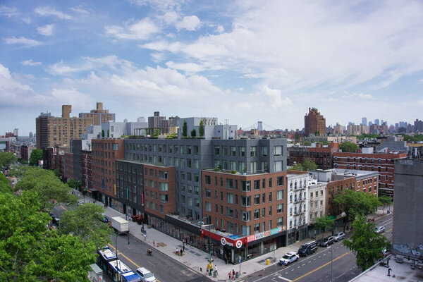 New York, NY - May 29 2020: Cityscape above 14th street facing East Village buildings
