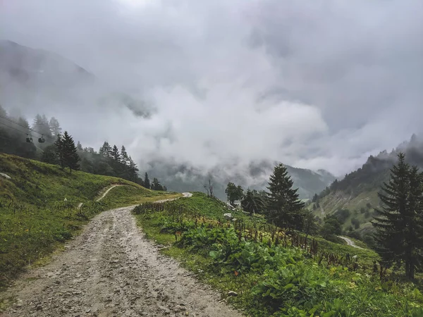 Mlhavá Stezka Horách Vintage Efekt Krajina Italských Alp Loukami Lanovkami — Stock fotografie