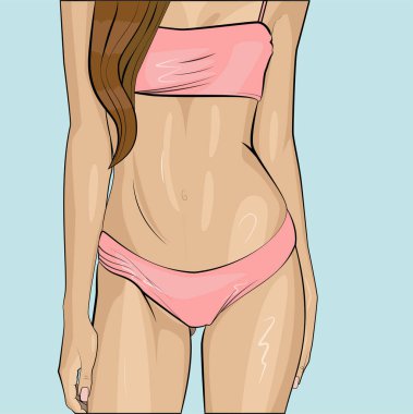 Mavi arka planda pembe mayo giymiş ince bir kadın vücudu.