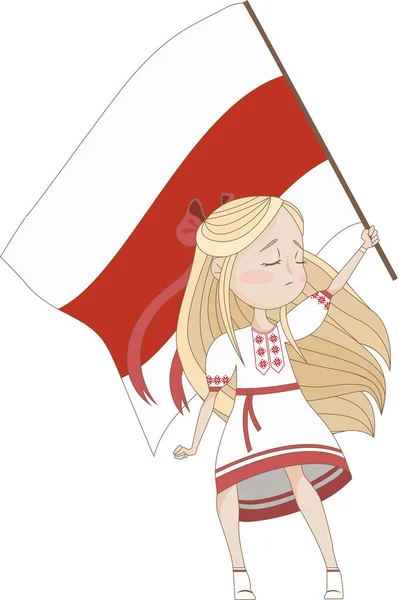 一名身着白俄罗斯民族服装的女孩举着一面支持白俄罗斯的国旗 — 图库矢量图片