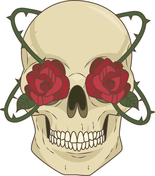 目の代わりに赤いバラで描かれた頭蓋骨は — ストックベクタ