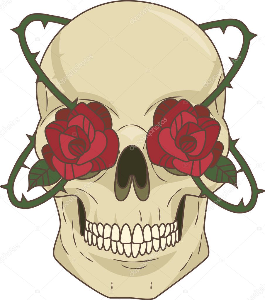 painted skull with red roses instead of eyes