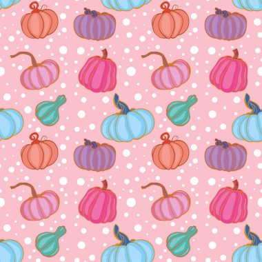 Sonbahar için pembe arka planda farklı türde balkabaklarının duvar kağıdı