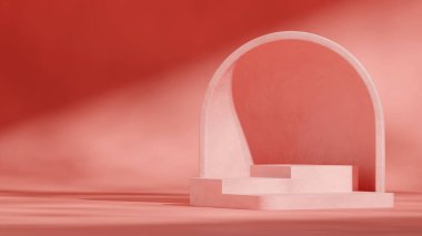 peyzaj arkaplanında, üç boyutlu boş sahne pembe renk eğimli blok oluşturur