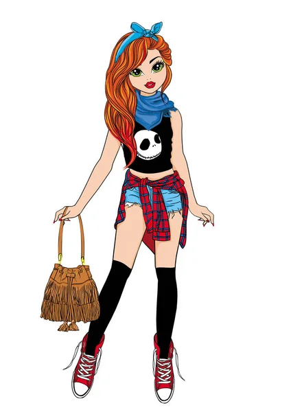 赤いスニーカーとスタイリッシュなバッグで ヘッドバンドと漫画の赤い髪の女の子 ラスターイラスト — ストック写真